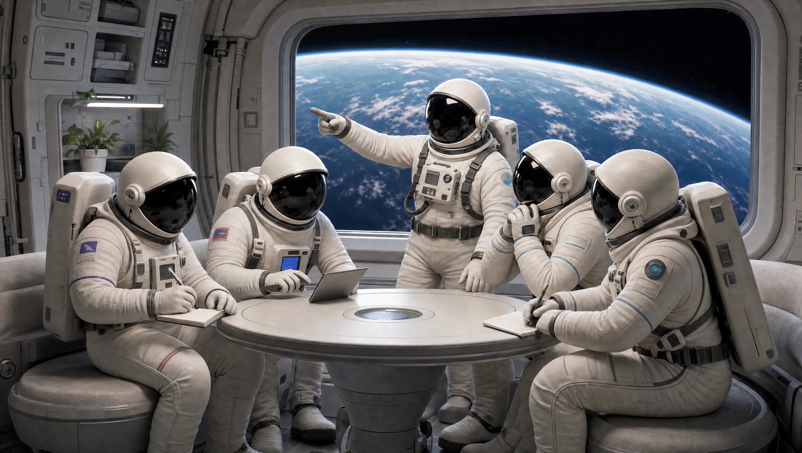 Five crew members in white suits around a table, one standing and pointing out at Earth through the window while the others take notes