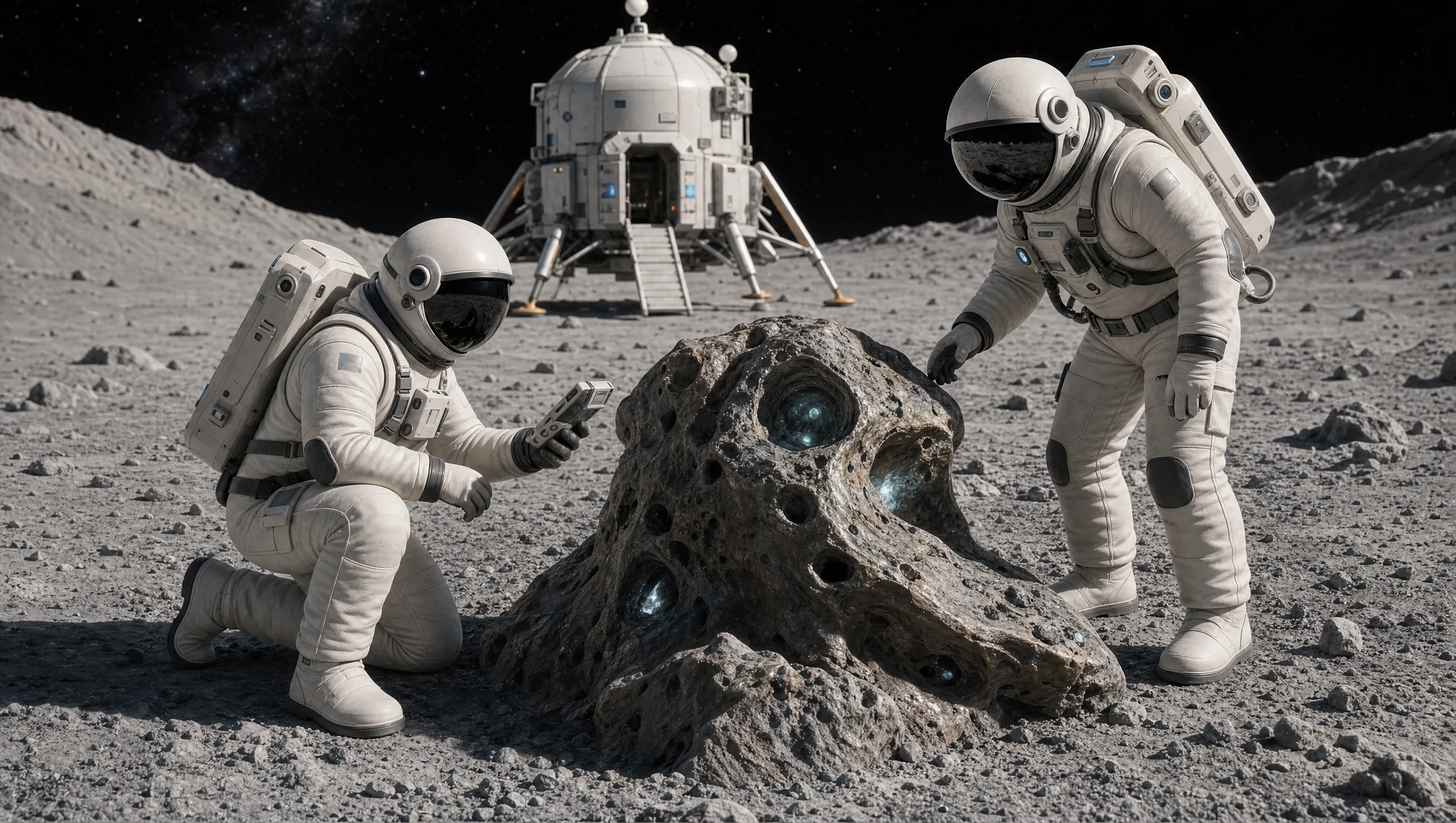 Two crew members examining a rock on a lunar surface, their lander behind them