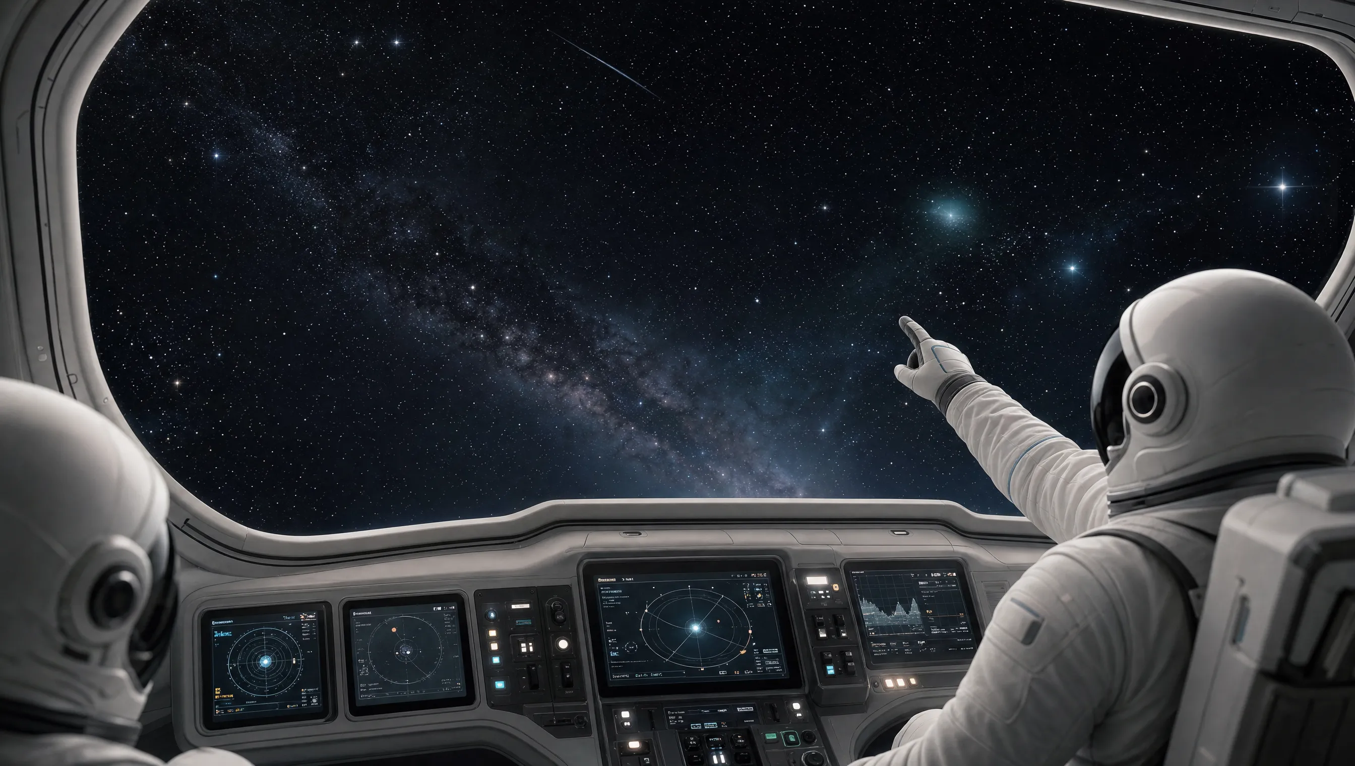 A crew member at a cockpit window, pointing out into a field of stars