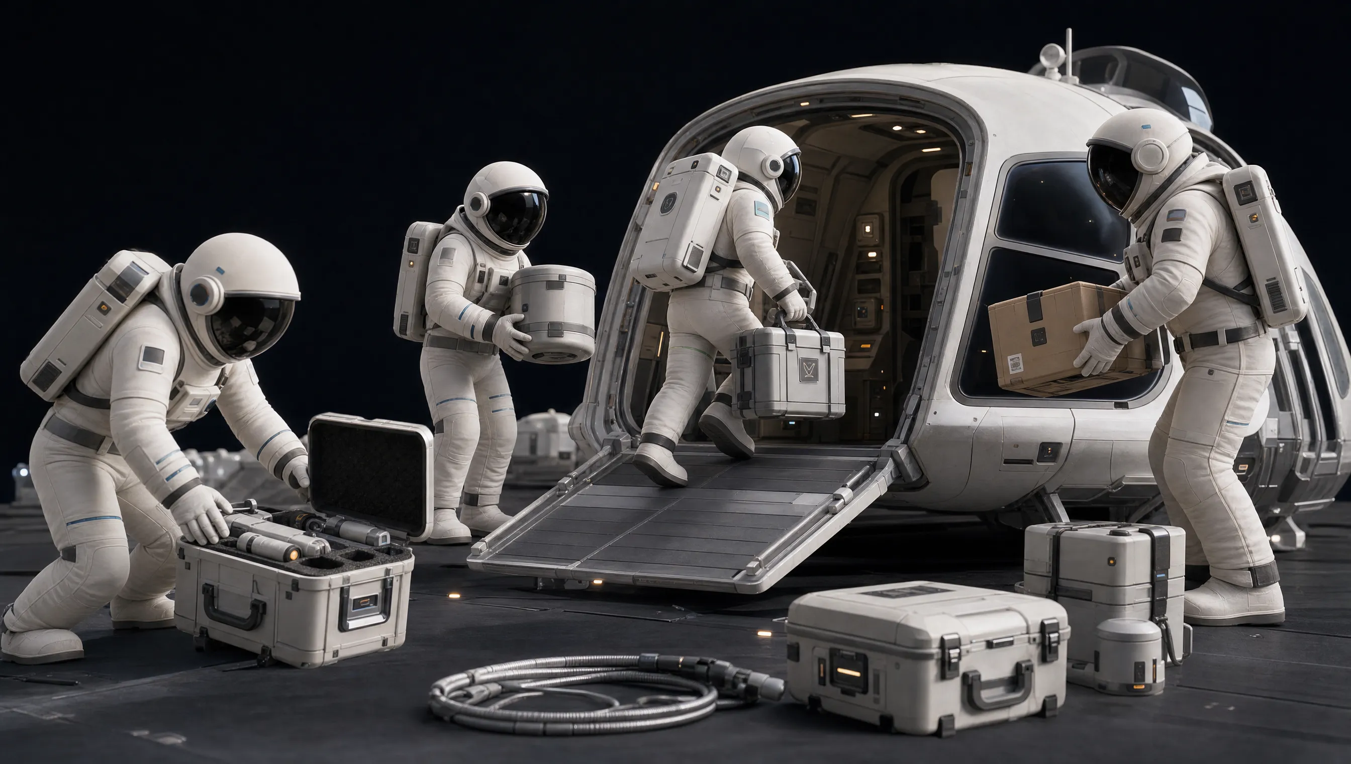 Four crew members loading equipment cases into a craft