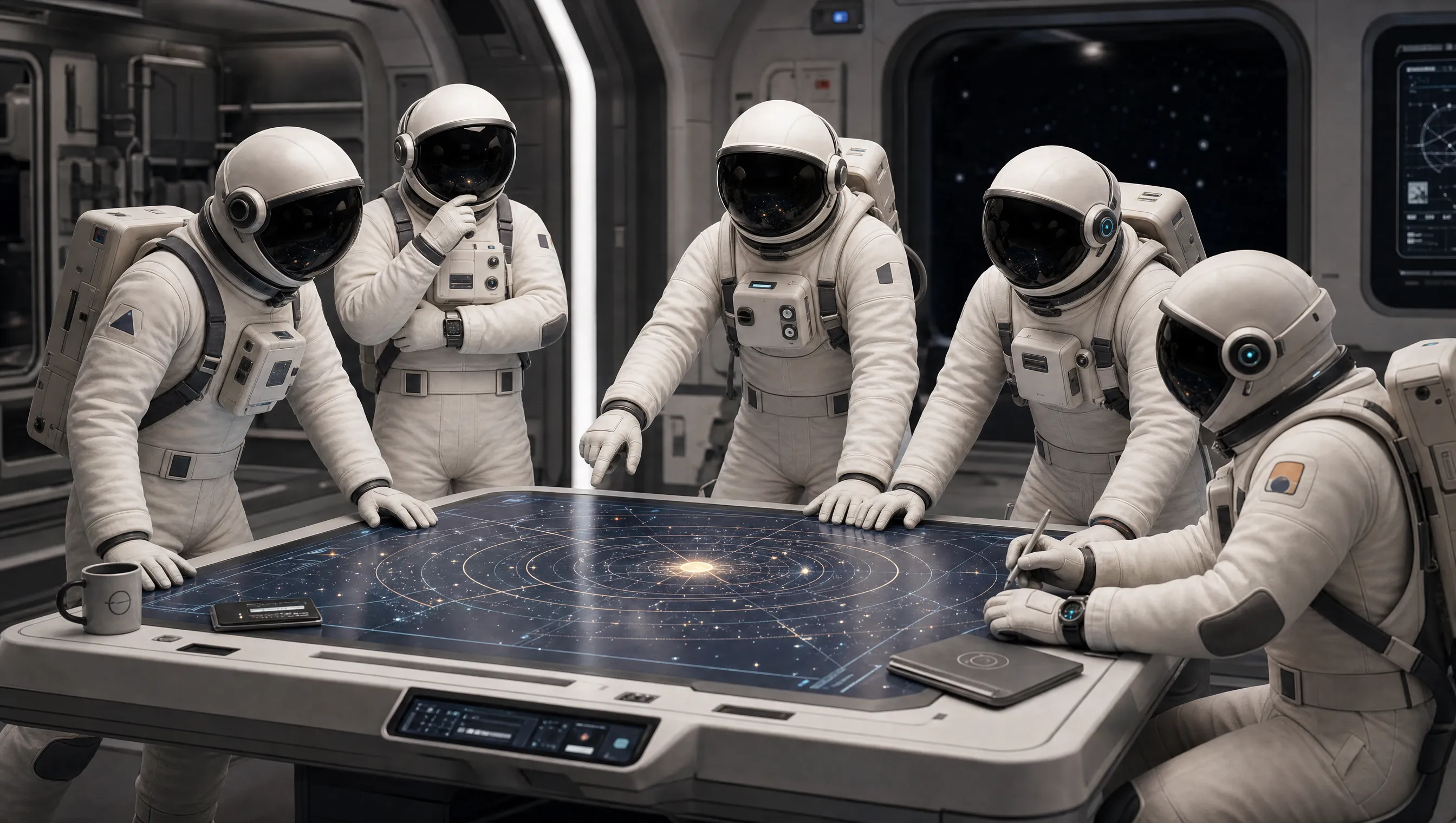 Five crew members around a chart table, planning a route between orbits