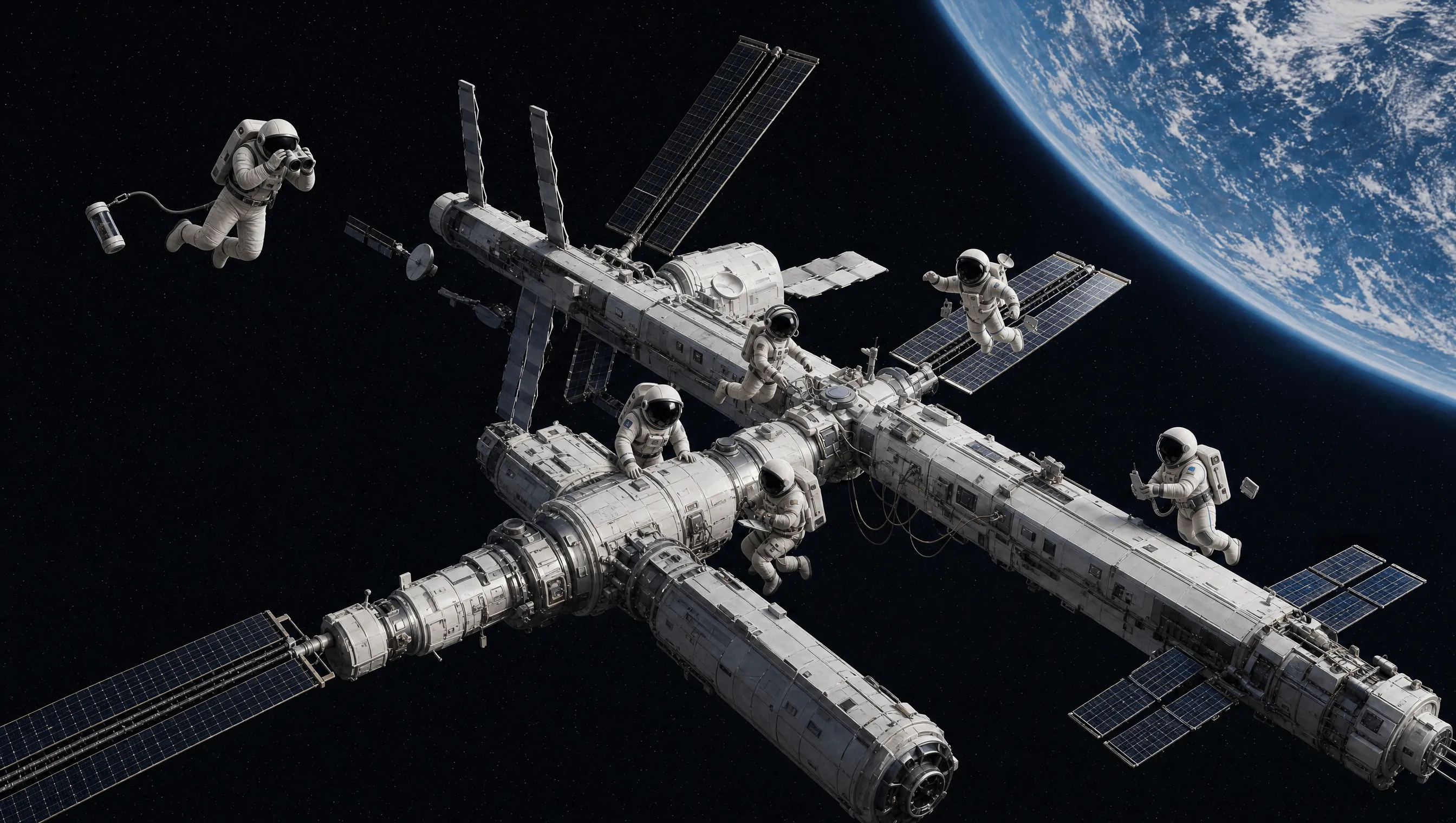 A crew working across the separate modules of a single orbital station, Earth behind